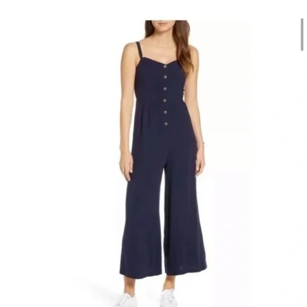 1901 Nordstroms Jumpsuit Linen Dark Blue Wide Leg Button Front sz S EUC